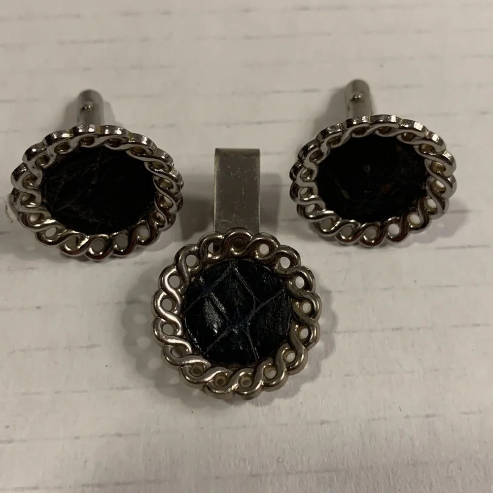 SILVER Tone Cuff Links w/ Tie Tack- leather inside- good condition- vintage